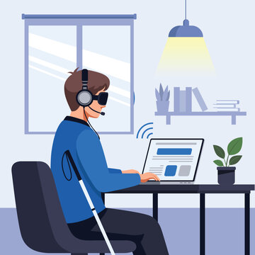 Illustration of a blind person working on a laptop with assistive technology.