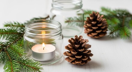 Festive Christmas arrangement with candle pine cones and evergreen sprigs