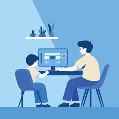 Father and son playing a computer together at a desk.