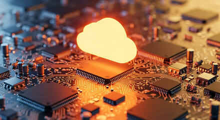 Glowing cloud symbol on a sophisticated circuit board, representing digital storage, global data processing, and advanced computing.