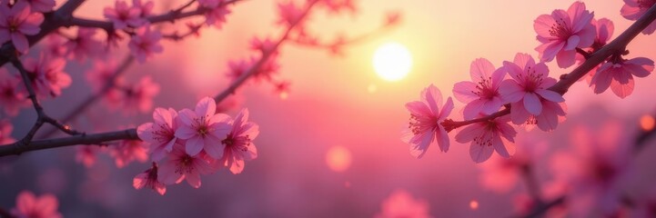 Soft pastel sunset hues illuminating delicate cherry blossoms, floral background, peaceful, sunset