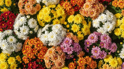 Beautiful seamless floral pattern of yellow daisies and colorful spring flowers blooming from above