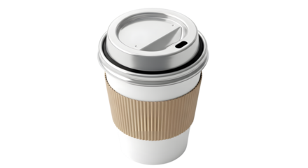 A white disposable coffee cup with a brown cardboard sleeve and a white lid, isolated on a transparent background