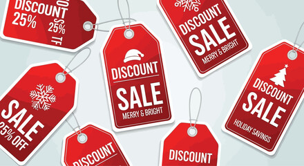 Red discount sale tags holiday shopping featuring Christmas icons and bright designs retail promotions and seasonal offers