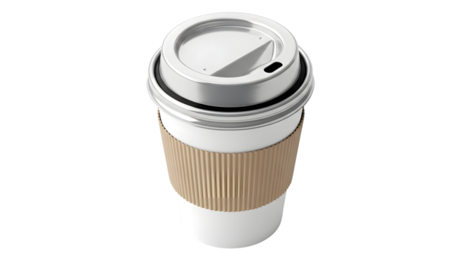 A white disposable coffee cup with a brown cardboard sleeve and a white lid, isolated on a transparent background