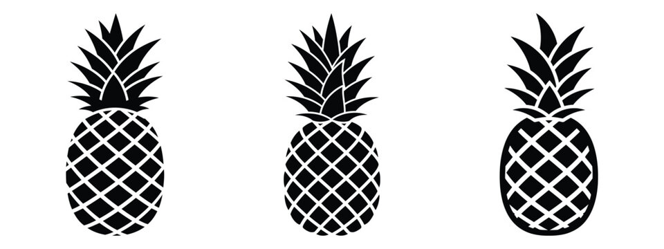 pineapple minimal flat icon set, black color and white background