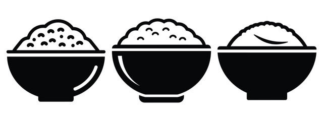rice bowl minimal flat icon set, black color and white background