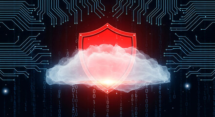 Cloud computing cybersecurity shield protecting digital data infrastructure with binary code and circuit board elements on a dark background
