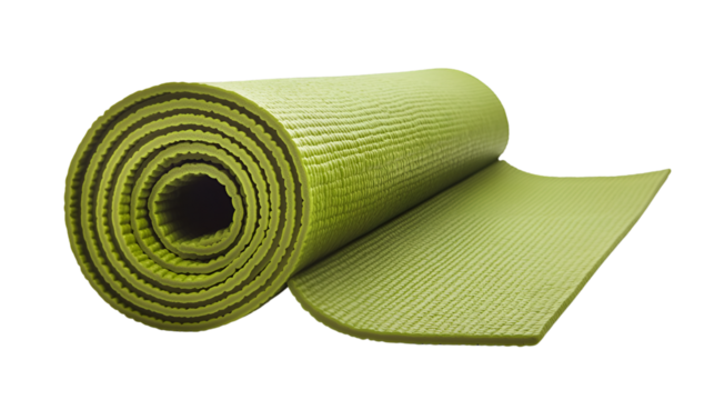 Rolled green yoga mat, essential fitness equipment for exercise and meditation