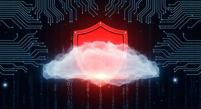 Cloud computing cybersecurity shield protecting digital data infrastructure with binary code and circuit board elements on a dark background