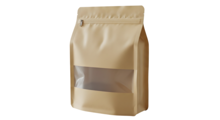 A blank, light brown kraft paper standup pouch with a clear window and zipper closure, isolated on a transparent background