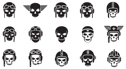 Pilot Skull shape set collection pack black icon silhouette vector flat illustration design on white background