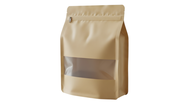 A blank, light brown kraft paper standup pouch with a clear window and zipper closure, isolated on a transparent background
