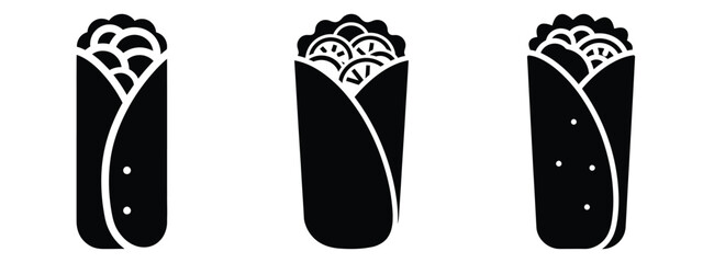 burrito minimal flat icon set, black color and white background