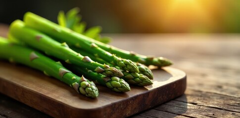 Sunlit asparagus spears arranged on rustic wood board, still life, photography, shadow