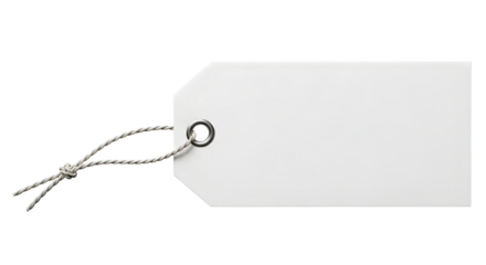 Blank white rectangular tag with a string attached, isolated on transparent background