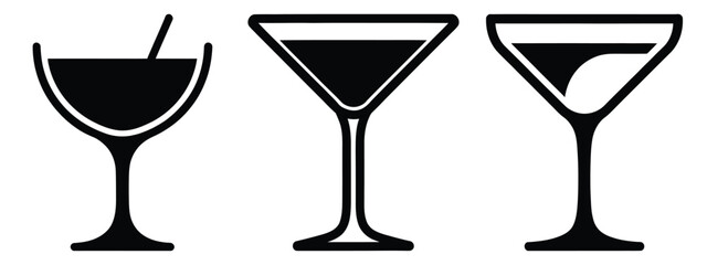 cocktail glass minimal flat icon set, black color and white background