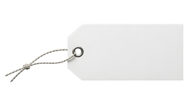 Blank white rectangular tag with a string attached, isolated on transparent background