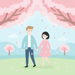 Couple Under Cherry Blossoms
Flat-vector romantic scene of a couple walking hand-in-hand under cherry blossom trees, petals falling softly, pastel pink and sky blue palette, minimal shapes, dreamy spr