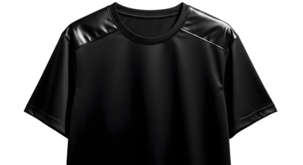 Black tshirt with faux leather accents on shoulders, isolated on transparent background