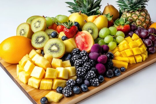 A vibrant fruit platter set against a backdrop of lush greenery, featuring a variety of tropical fruits and a pineapple.