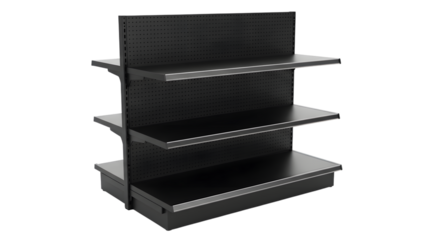 A black retail display shelf unit with three shelves, isolated on a transparent background