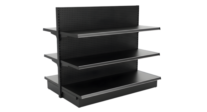 A black retail display shelf unit with three shelves, isolated on a transparent background