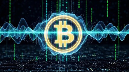 Digital Bitcoin hologram with glowing data waves and blockchain network visualization in futuristic fintech background - Powered by Adobe