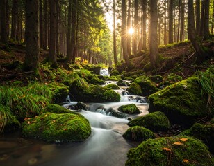 Obraz premium A sunlit stream cascades through a vibrant, moss-covered forest