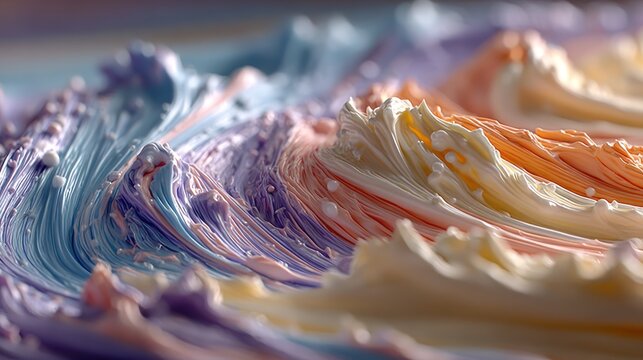 Swirling macro view of layered, textured, creamy, multicolored paint, evocative of waves