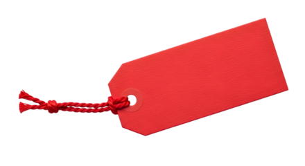 A blank red paper tag with a red string attached, isolated on a transparent background