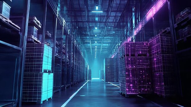 Automated warehouse with digital data overlay and neon lighting - Powered by Adobe