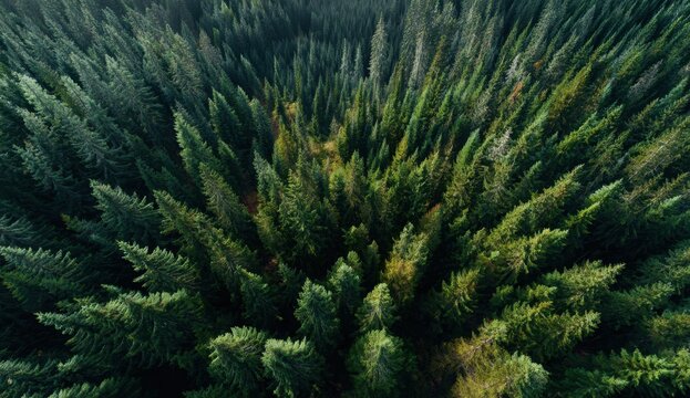 Aerial view of a dense green forest with tall trees and lush foliage.