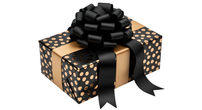 A beautifully wrapped gift box with a black and gold polka dot pattern, adorned with a large black bow and ribbon, isolated on transparent background