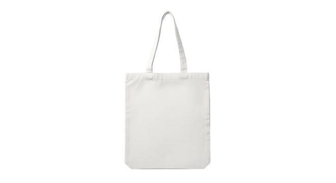 A plain white canvas tote bag with handles, isolated on a transparent background, perfect for shopping or everyday use