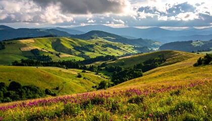 Rolling green hills meet a distant mountain range under a cloudy sky. Purple wildflowers dot the foreground. Sunlight streams