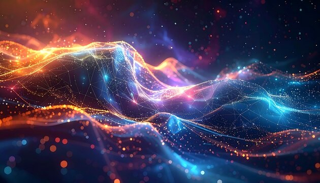 Vivid digital visualization of a landscape-like structure, glowing with vibrant orange, blue, and purple hues against a dark background