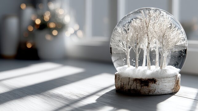 A beautiful snow globe depicting serene white trees, capturing the essence of winter and holiday spirit in a cozy setting.