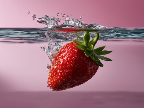 Fresh strawberry splashing into water on pink background