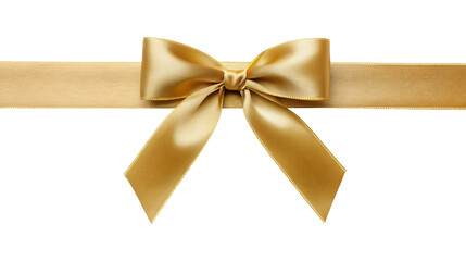 An elegant shiny gold satin bow and ribbon placed horizontally as a decorative element for a gift or present isolated on a transparent background
