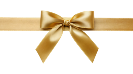An elegant shiny gold satin bow and ribbon placed horizontally as a decorative element for a gift or present isolated on a transparent background