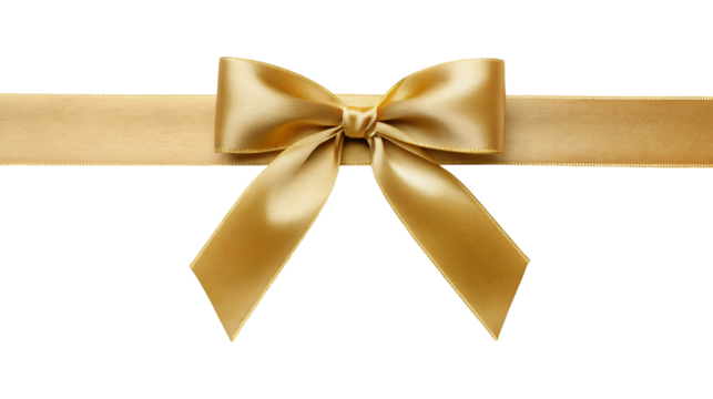 An elegant shiny gold satin bow and ribbon placed horizontally as a decorative element for a gift or present isolated on a transparent background