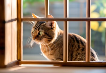 beautiful tabby cat with green eyes looks intently through wooden window bars bathed in golden sunlight. 

