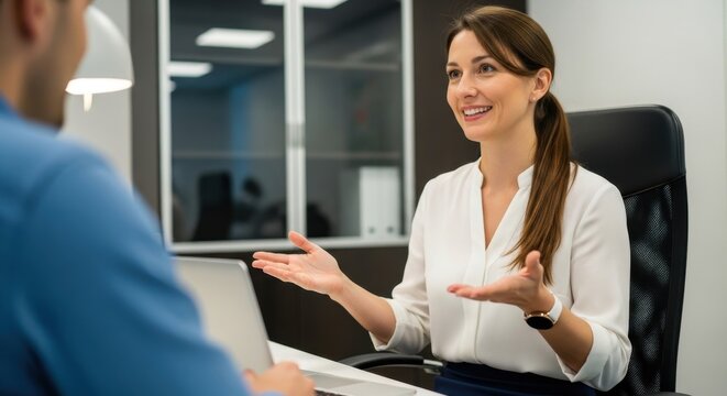 Professional woman explaining strategy during business meeting with client or employee