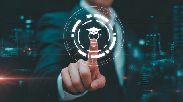 Professional uses digital interface for modern online education opportunities - Powered by Adobe