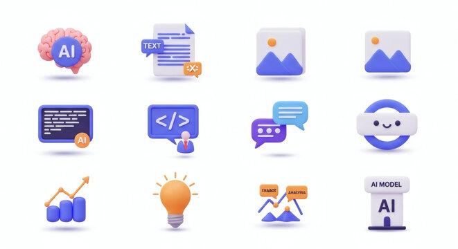 Modern 3D Icon Collection for Artificial Intelligence, Machine Learning, Data Processing, and Digital Development Solutions