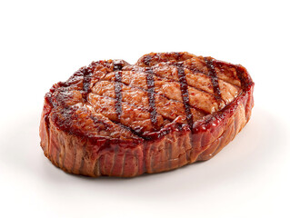 Juicy grilled filet mignon steak wrapped in crispy bacon. Gourmet beef tenderloin with barbecue char marks isolated on a clean white background.
