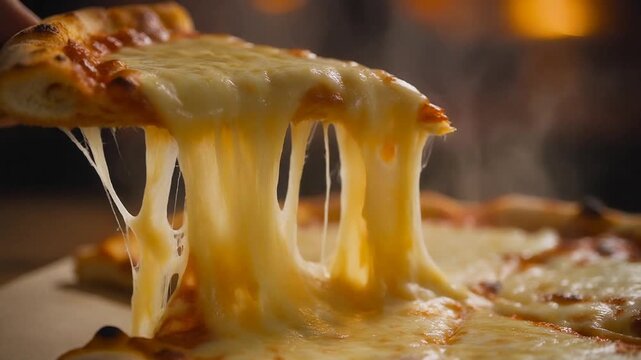 Close-up shot of a cheesy pizza slice with melted cheese stretching upwards, ready to be enjoyed