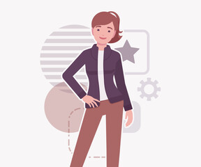 Attractive active beautiful girl young adult woman, standing pose. Female model, ponytail hairstyle, activewear jacket, suit pants, vector flat style cartoon illustration, modern creative background
