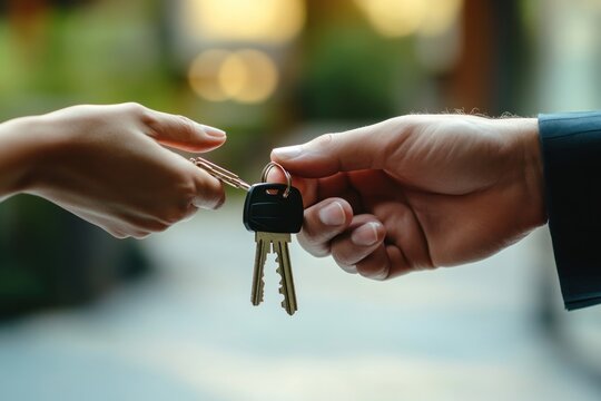 A person in a suit and tie is handing over a set of keys to another person in a casual outfit.